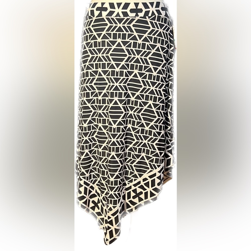 “Boho Escape” geometric print jersey hi-lo midi skirt w/contrast border-NWT